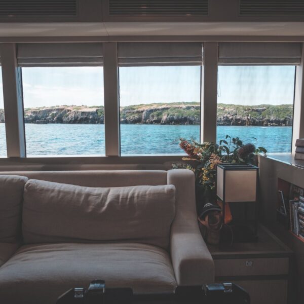 interior of modern yacht with cozy couch